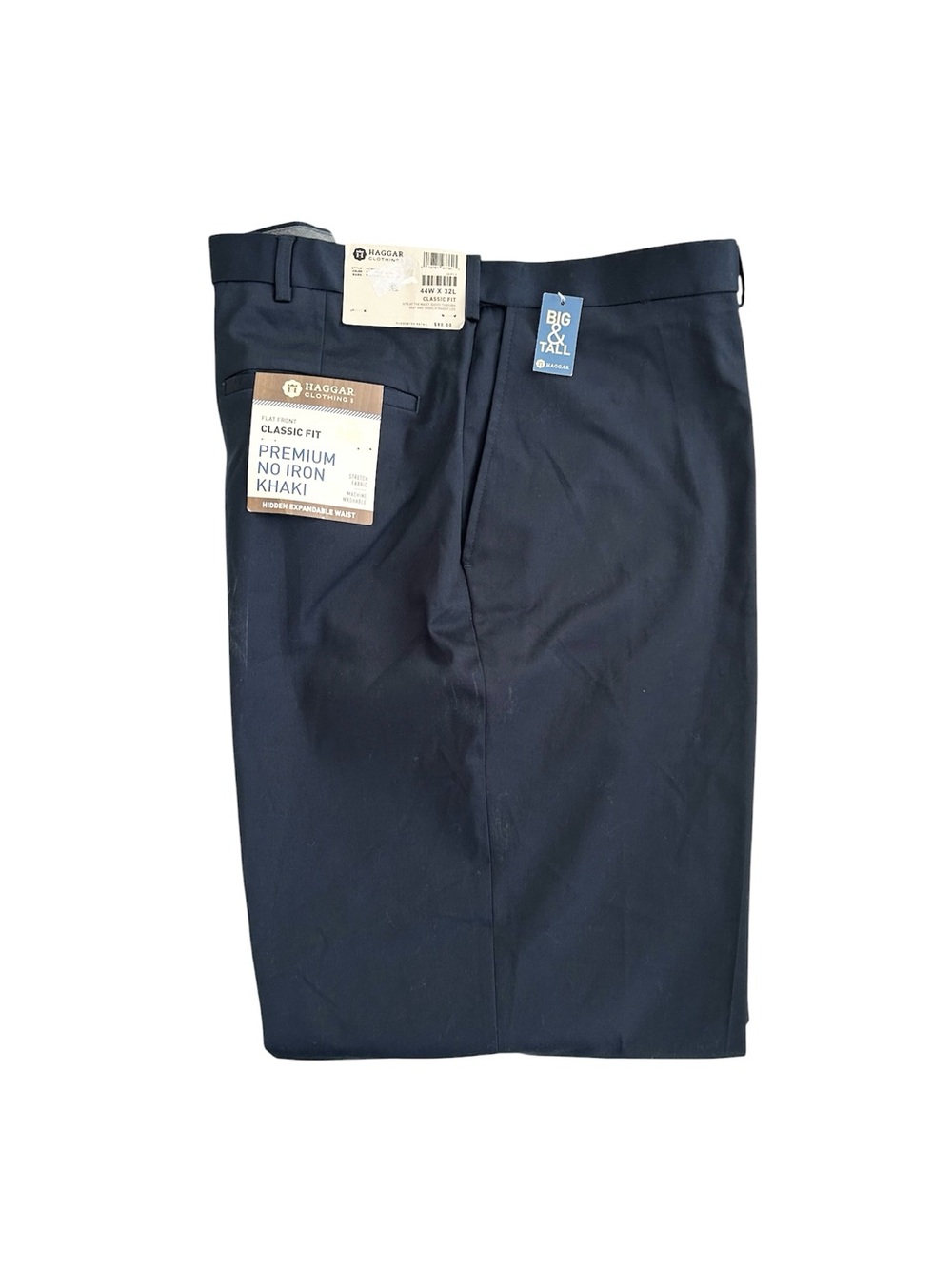 NWT Haggar Flat Front Classic Fit Premium No Iron Navy Khaki Slacks Sz 44W X 32L